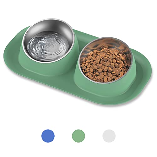 Ptlom Dog Cat Basic Food and Water Bowl Set, 2 Removable Stainless Steel Feeding Bowls with Non-Slip Leak-Proof Plastic Stand Suitable for Small and Medium Pet Puppy Feeder Tableware Supplies, Green Ptlom Dog Cat Basic Food and Water Bowl Set, 2 Removable Stainless Steel Feeding Bowls with Non-Slip Leak-Proof Plastic Stand Suitable for Small and Medium Pet Puppy Feeder Tableware Supplies, Green