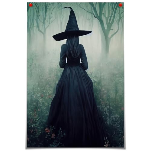 Cyprethy Vintage Halloween Witch Canvas Wall, Reepy Halloween Dark Academia Aesthetic Poster, retro Gothic Scary Forest Picture Printing for Dormitory Living Room Bedroom 12x16in Unframed