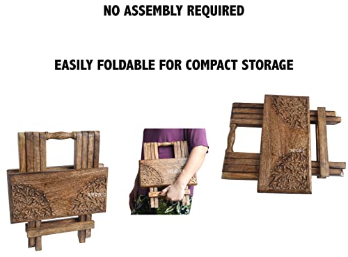 Small Altar Table for Meditation, Puja, Wiccan, Buddhist Practices - Wooden Low Side Table, Japanese Tea Table, Folding Dragon Design With Floral Pattern