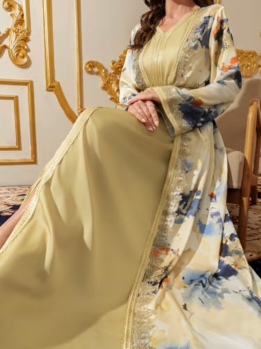 Image of Abaya for Women Floral Embroidered Muslim Dress V-Neck Arabian Maxi Robe