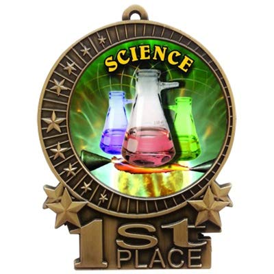 Express Medals Large 3 inch Solid Metal 1st Place Gold Science Fair Medal Trophy Award Laser Engraved Personalized with 3 Lines of Your Custom Text and a Neck Ribbon