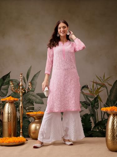 Image of Ada Hand Embroidered Chikankari Pink Georgette Kurta for Women A95581 (XS) | Handmade Lucknowi Chikan Embriodery ethnic kurti office work casual Straight Women's faux handcrafted Tunic