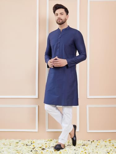 Image of See Designs Men Full Sleeve Sleeve Side Slit Mandarin Collar Cotton Solid Straight Kurta with Pyjama