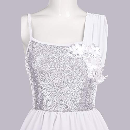 Odasdo Women Lyrical Dance Dress Modern Contemporary Ballet Costume Ballroom Dancewear Flower Applique Shiny Sequins Spaghetti Strap Asymmetric Chiffon Flowy Skirt Tank Bodysuit Clothes White S #TOP3