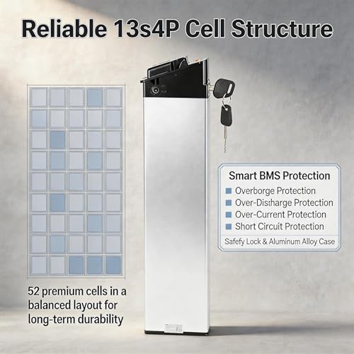 Image of 48V 10Ah Ebike Battery with Smart BMS & Safety Lock, 480Wh 13S4P 52-Cell Pack, Silver Aluminum - Powers 200W-350W Folding Electric Bikes, Compatible with SAMEBIKE KAISDA FIIDO M1 Pro (48-)