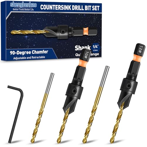 shengbenhao #10#12 Countersink Drill Bit Set for Wood 5Pcs Adjustable