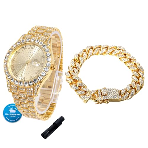 Reloj de oro con diamantes para niños HALUKAKAH, estilo urbano ideal para chicos en fiestas