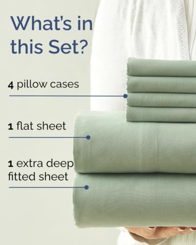 Image of King 6 Piece Bed Sheet Set - Soft, Breathable & Cooling Sheets - Eucalyptus