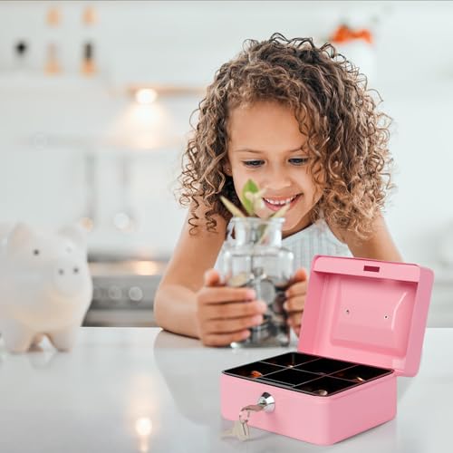 Image of Small Cash Box with Money Tray and Lock, Metal Cash Lock Box with Key, Petty Cash Box for Money 5.9 x 4.7 x 3.1 Inches Pink