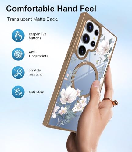 Image of VONZEE Compatible with Samsung Galaxy S25 Ultra 5G Case Luxury Retro Flowers Floral Clear For Magnetic Wireless Charging Case Shockproof PC+TPU Cute Glossy Shiny Cover for Girls Women, Desert Titanium