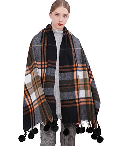 RIIQIICHY Bufanda de pashmina a cuadros para mujer, larga, grande, cálida, gruesa, con pompón de piel, Negro, L Cover