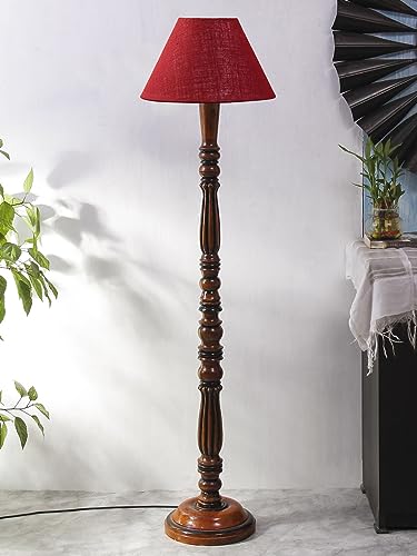 Image of Maroon Jute Shade Wooden Floor Lamp with Wooden Base, Height - 53 Inches | Contemporary Standing Lamp for Living Room, Bedroom & Office | Elegant Lighting for Stylish Home Interiors