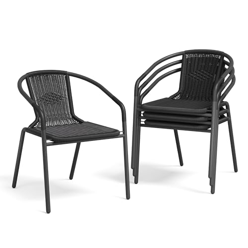 Image of UDPATIO Rattan Patio Dining Chairs Set of 4, Wicker Stackable Outdoor Chairs with All Weather Curved Back & Metal Frame, for Indoor Bistro Deck, Black