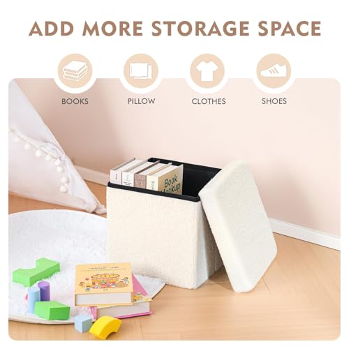 B FSOBEIIALEO Small Storage Ottoman Cube Sherpa Ottomans Foot Rest, Foldable Boucle Ottoman, Faux Teddy Fur, Cream White 12.6