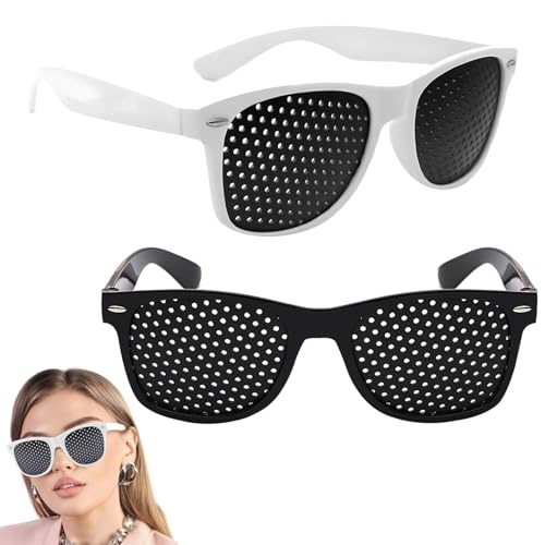 2 Piezas Gafas Estenopeicas Anteojos Estenopeicos Unisex Gafas Reticulares Negro Blanco con Diseño de Rejilla y Patillas Plegables, Gafas de Ligeras para Uso Diario