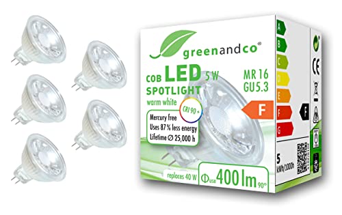 greenandco 5X MR16 GU5.3, Warm White 3000k, 5 Count (Pack of 1)