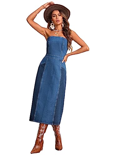 Image of WDIRARA Women's Strapless Tube Top Sleeveless Split Back Fitted Denim Midi Dress