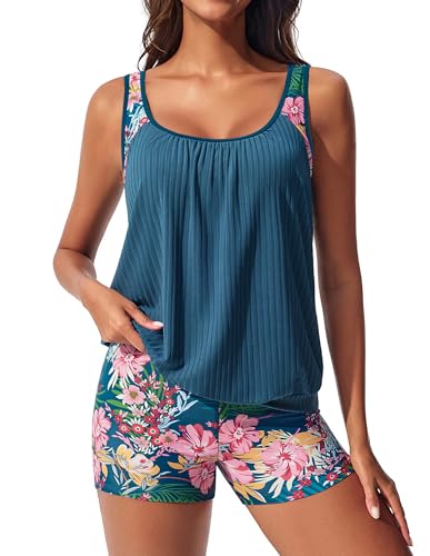 Hanna Nikole Frauen 2025 Neu Sportlich Tankinis Poolpartys Sommer Badeanzug Zweiteilig Badeshorts Mit Oberteil Blaugrüne und rosa Blüten M
