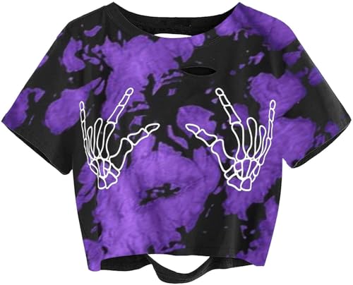 Image of Avanova Women Skull Finger Graphic Distressed Tee Shirt Ripped Short Sleeve Crop Tops
