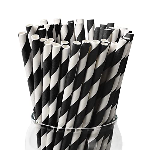 PakTalk [100 Pack] Black Paper Straws, Biodegradable Black and White Stripe Paper Straws for Birthdays, Weddings, Baby Showers, Halloween and Christmas Party Supplies(0.24" x 7.75", Black)