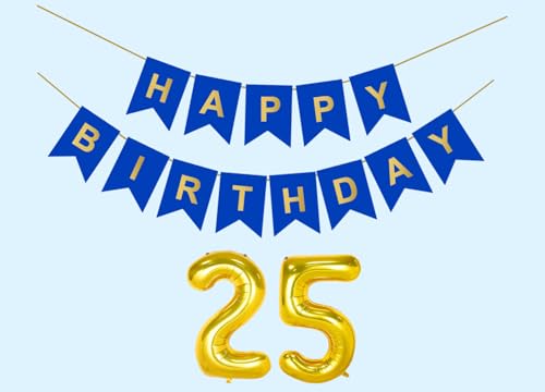 Image of 25th Happy Birthday Decoration Kit Dark Blue for 25 year Old Boys Girls Women with Number Twenty-five Party Decorations Decor Celebration Items Item Set Combo Reusable Paper Banner