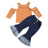 GOOCHEER Toddler Girl Clothes Off Shoulder Knit Top Bell Bottom Jeans Set Toddler Kids Girl Spring Fall Winter Outfit (Brown + Blue, 4-5T)