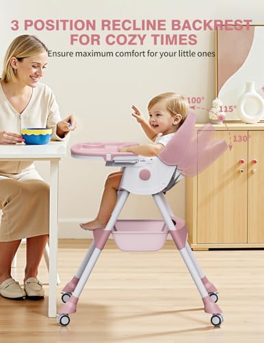 Image of High Chairs for Babies and Toddlers, 4 in 1 Convertible Baby High Chair, Portable High Chair for Travel with Adjustable Height and Back, Foldable HighChair with Wheels& Pu Cushion