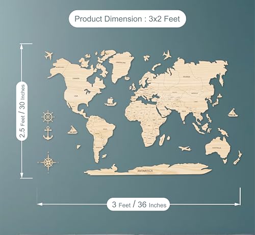 Image of AD INFINITUM 3D Wooden Map of World | Home Decor | Office Decor | A great gift for travelers | Wall decor Country names with Borders (Beige Maple, 3x2 Feet, WORLD MAP)
