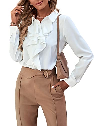 LYANER Women's Collar Neck Button Down Ruffle Front Long Sleeve Blouse Shirt Top4