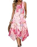 Zeagoo Damen Kleider Sommer Ärmellos Sommerkleider Freizeit Rundhals Kleider Midi Blumenmuster Leicht Strandkleid mit Taschen Muster-A L