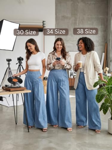 Image of GRECIILOOKS Palazzo Jeans for Women | High Waist - Flared Palazzo Pants for Women Wide Leg Denim Casual Trousers | Woman Wide Leg Baggy Jeans Loose Fit Denim Pants with Pockets