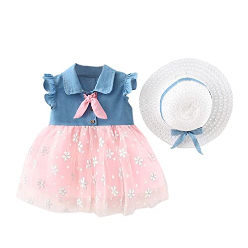 Vestidos infantiles para niñas 2026 Princesa Baby Patchwork Vestido Sombrero 6M-3Y Denim Sleeve Fly Infant Set Tul Niñas Color Sólido Verano Ropa Negra, Rosa., 6-12 meses