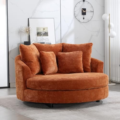 Aoiy & Wifon 59.8" W Oversized Barrel Chair, Round Accent Chair with Wheels, Extra Large Living Room Chair, Knitted Chenille, Burnt Orange
