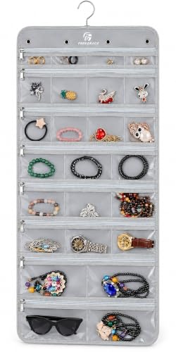 Freegrace Hanging Jewelry Organizer, 25 Zippered Pockets, 23 Necklace Hooks