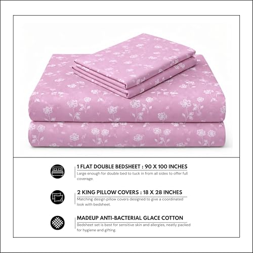 Image of King Size Bedsheet Cotton for Double Bed | Flat - 90x100 Inch, Floral, Soft & Breathable, Fade & Shrink Resistant, 2 Pillow Covers | Blush Petal Breeze, Mauve Pink