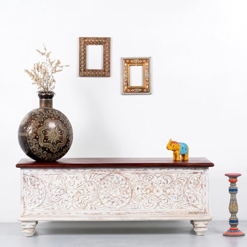 Image of Wifo Solid Wood Coffee Table for Living Room Wooden Trunk Box for Storage | Handcrafted Center Table for Living Room with Sandook Storage | Pitara for Bedroom (White Distress and Brown Top)
