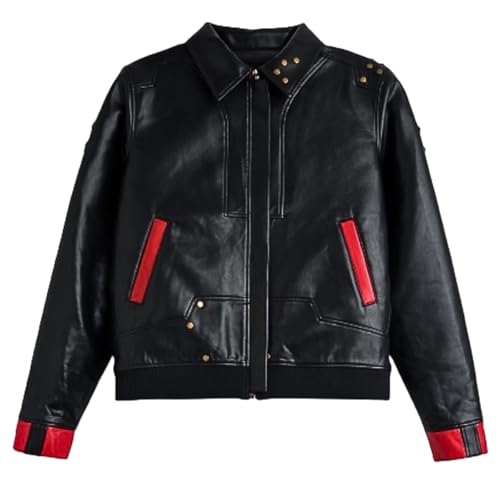Men's Arcane Season 2 VI Black Leather Jacket with Red Graphic Embroidery and Studded Shoulder2