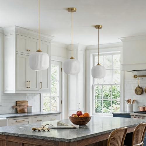 KCO Lighting 7.9" Milk Glass Pendant Light, Gold Mid Century Modern Globe Hanging Light, Ribbed White Glass Kitchen Island Light Fixture, Adjustable Height, Brass Pendant Light for Dining Room Bedroom by KCO - Image 5