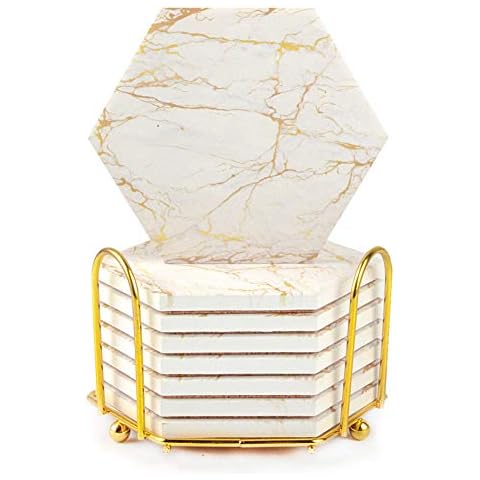 Marble Coasters for Drinks Absorbent with Cork Base, 8pcs Drink Coasters for Wooden Table with Metal Holder, Gold Ceramic Cup Coaster Set Rustic Home Decor for Living Room Bar - Housewarming Gifts Cover