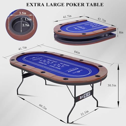 RAYKEEP Foldable Poker Table for 10 Players, 84\" Folding Blackjack Texas Holdem Table, Portable Casino Leisure Card Board Game Table with Cup Holders and Padded Rails for Game Room (Brown) - Thumbnail 2