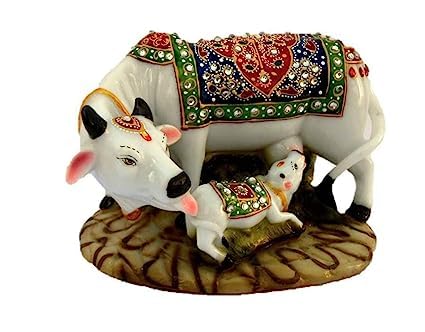 SHIVAKARI Marble Dust Cow & Calf Statue Printed Cow (Length 7 Inch, Width-4.5 Inch, Height-6 Inch) (Weight-300Gms), Multicolor