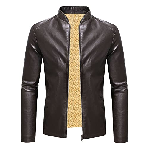 Maiyifu-GJ Men's Stand Collar Faux Leather Jacket Casual Fleece Lined Motorcycle Jackets Lightweight Vintage Outwear Coat (Brown,Large)
