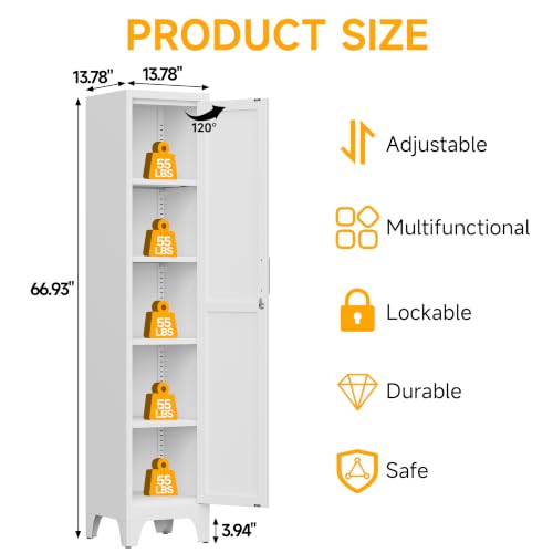 Image of 67 inchH White Metal Locker with 1 Lockable Door and 4 Adjustable Shelves For Employees, 5 Tier Small Storage Cabinet with Detachable Legs and Vintage Handle for Kitchen,Office,Gym,School,Easy Assembly