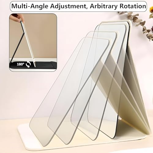 Image of Folding Portable Makeup Mirror with Adjustable Stand | HD Frameless Beveled Design | Travel-Friendly PU Leather Vanity Mirror for Desk, Dresser & Bathroom,Rectangular (White Round Edge Mirror)