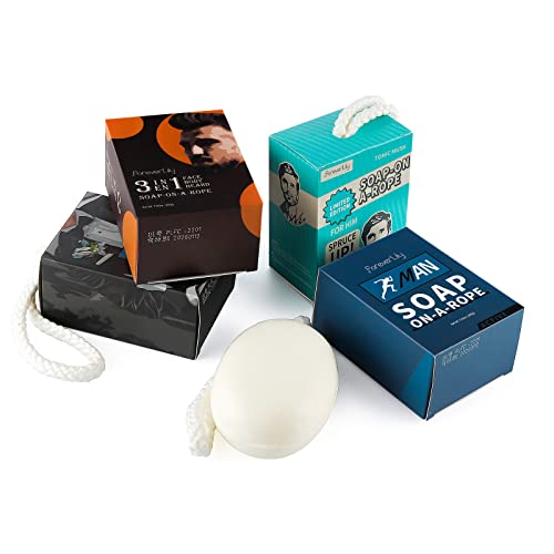 foreverLily Naturseife an Einem Seil 4 Stück Seife am Seil für Männer Seifenstück für Gesicht und Körper für Männer Natürliches Seifenset für Männer Hautpflegereiniger 4 x 200g Cover