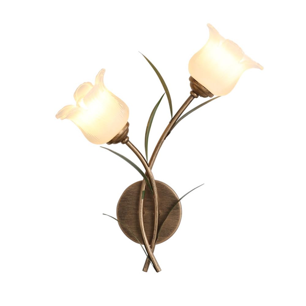 Applique da Parete e Applique a Forma di Fiore, Lampada a 2 luci con Paralume Floreale in Vetro Satinato, Lampada da Comodino, lampadario in Stile Rustico Antico per Camera da Lett