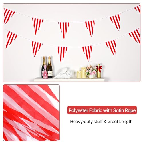 Image of RUBFAC 170ft 120pcs Red and White Striped Pennant Banner, Carnival Circus Decorations Supplies, String Triangle Bunting Flags, Kids Birthday, New Year Eve Celebration Supplies