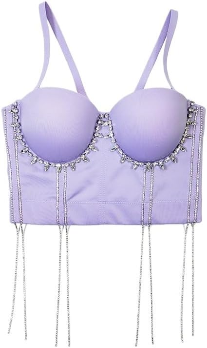 JSEIAJB Hip-hop Belly Dance Performance Tube Top Nightclub Sexy Body Shaping Fishbone Bra Tassel Rhinestone Beaded Suspenders(D,40C)