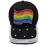 Popfizzy Rainbow Gay Pride Hat for Women, Colorful Bling LGBTQ+ Gifts, Adult Bedazzled Pride Parade Hat, One Size, Black