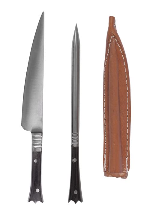 Cubertería medieval de acero inoxidable, incluye funda de piel, aprox. 14 cm, asas de cuerno